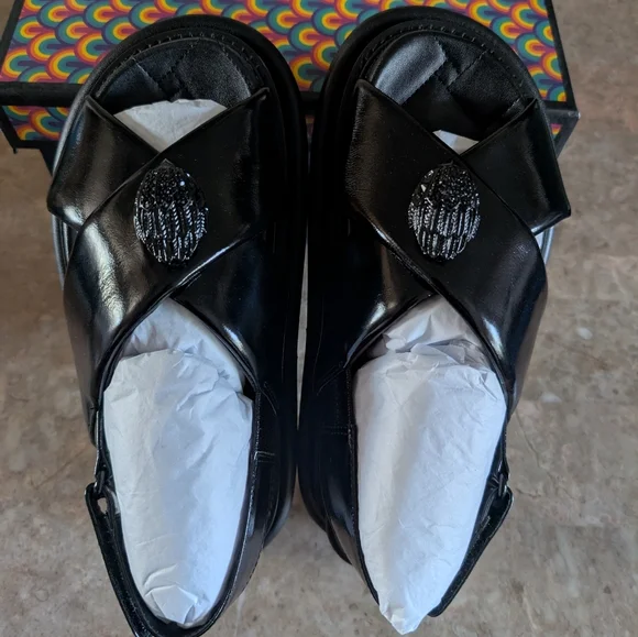 Kurt Geiger Landon Oroson Patent Cross Strap Platform Black Leather Sandal $240 - Picture 8 of 11